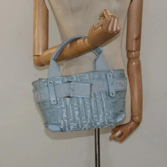 FENDI Zucca Canvas Hand Bag Blue Silver Auth MY411